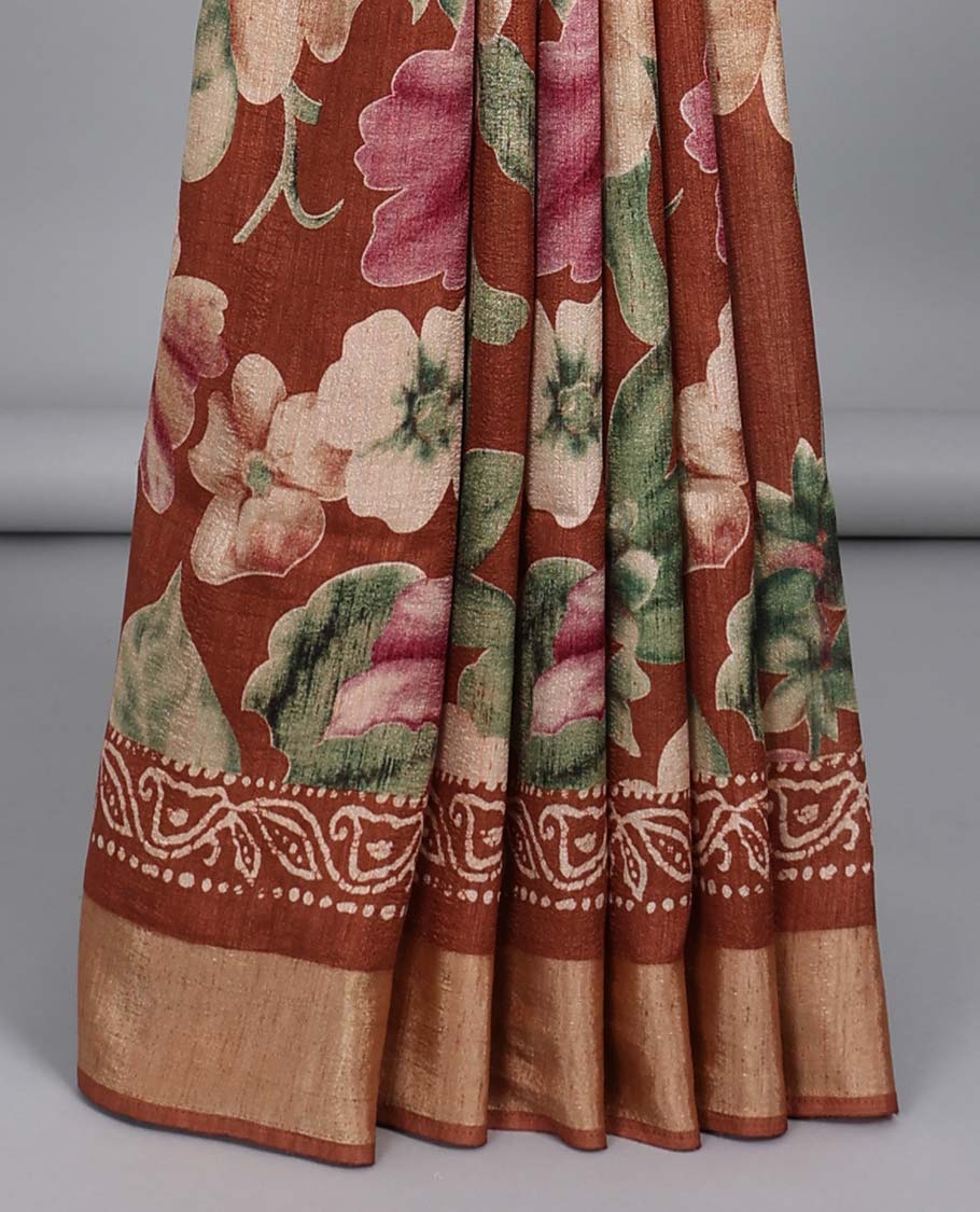 Brown floral printed semi-banaras tussar saree, plain border & batik printed pallu