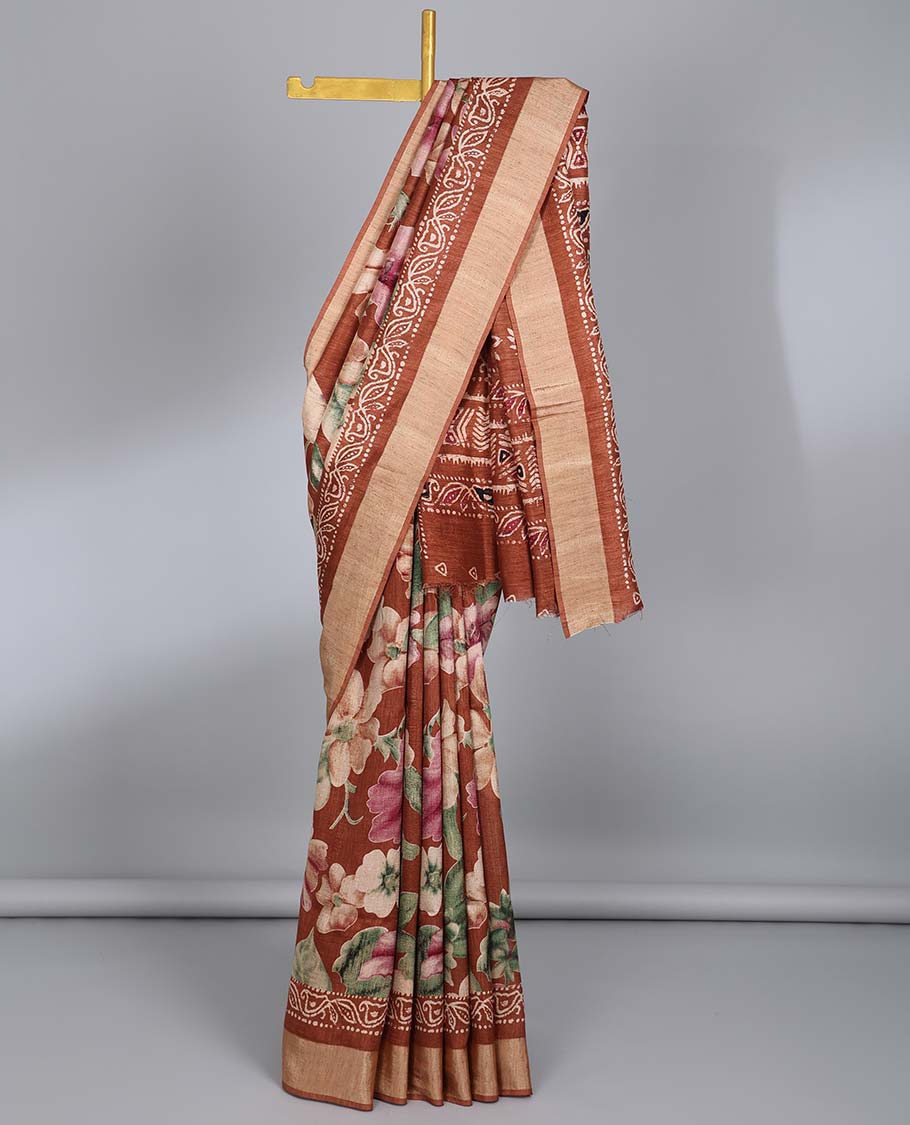 Brown floral printed semi-banaras tussar saree, plain border & batik printed pallu