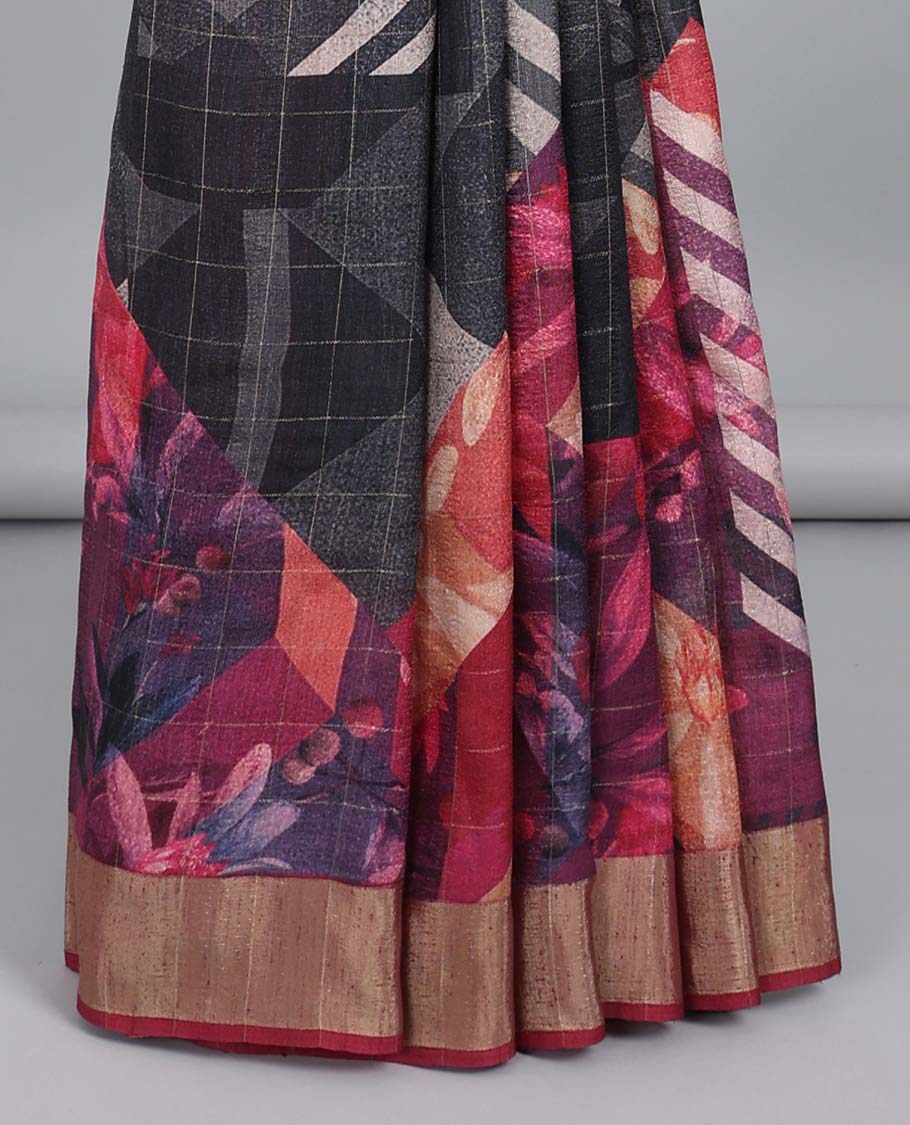 Black checked semi-banaras tussar saree with colorful floral print, plain border & floral printed pallu