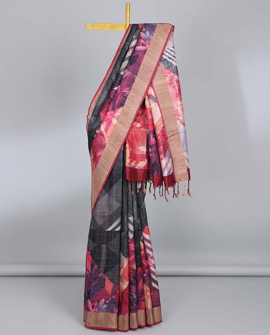 Black checked semi-banaras tussar saree with colorful floral print, plain border & floral printed pallu