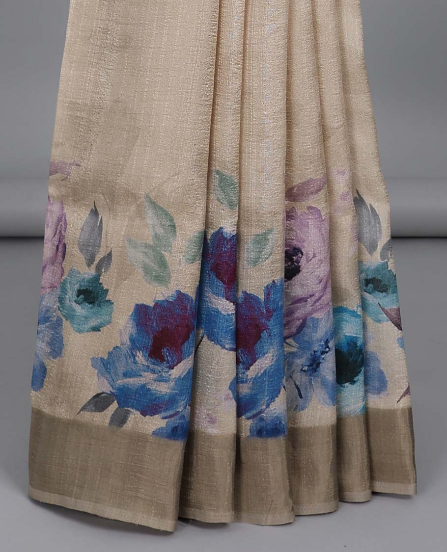 Sandal colorful floral printed semi-banaras tussar saree, plain border & floral printed pallu