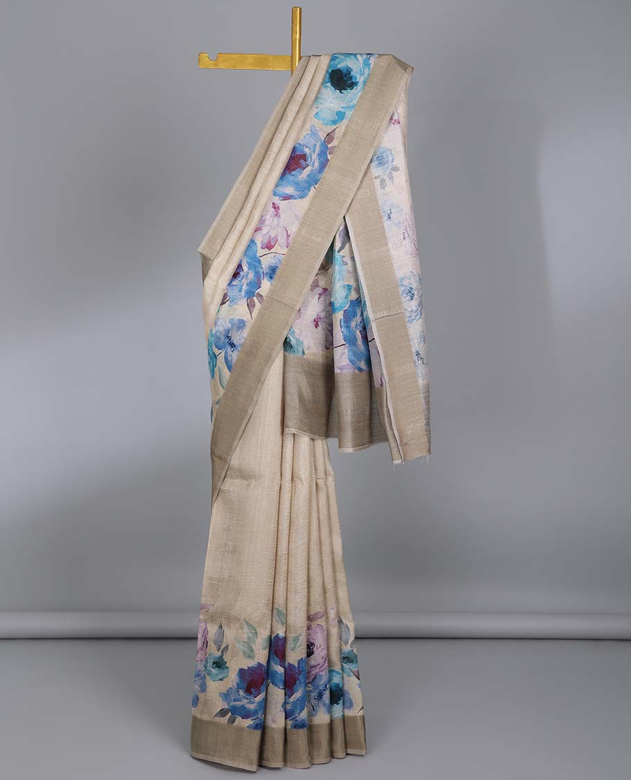 Sandal colorful floral printed semi-banaras tussar saree, plain border & floral printed pallu