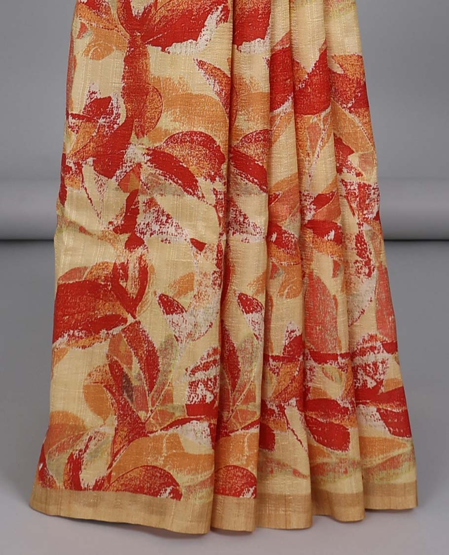 Yellow abstract floral printed semi-banaras tussar saree, plain border & striped printed pallu