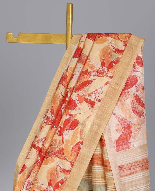 Yellow abstract floral printed semi-banaras tussar saree, plain border & striped printed pallu