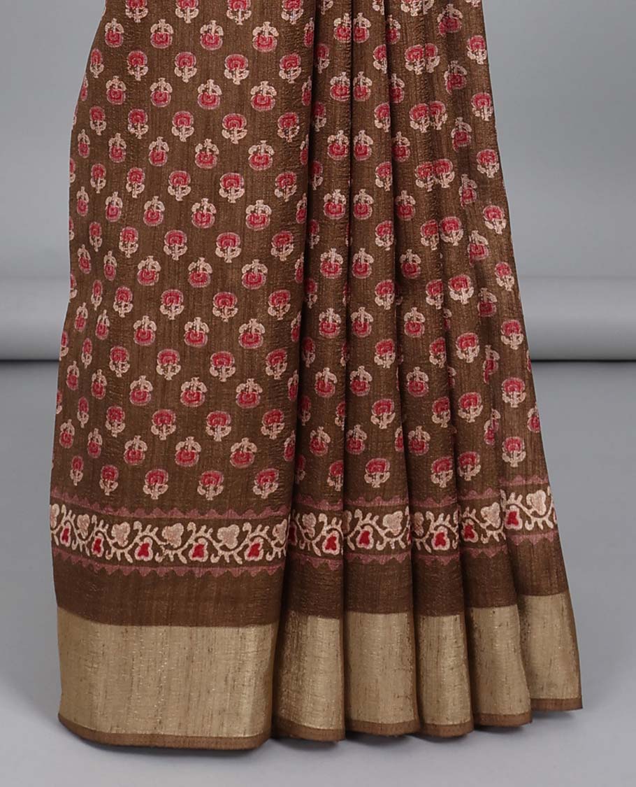 Brown semi-banaras tussar saree with floral motifs print, self-border & pallu of floral print