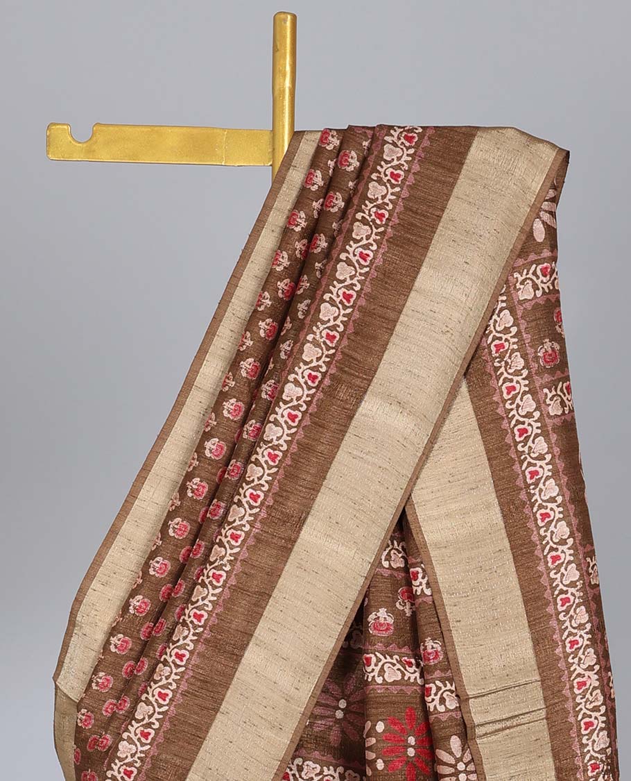 Brown semi-banaras tussar saree with floral motifs print, self-border & pallu of floral print