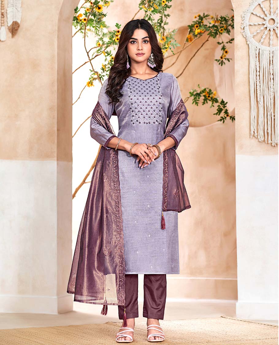 Grey material churidar catalog set,embroidered top, contrast pants & scallop embroidered dupatta