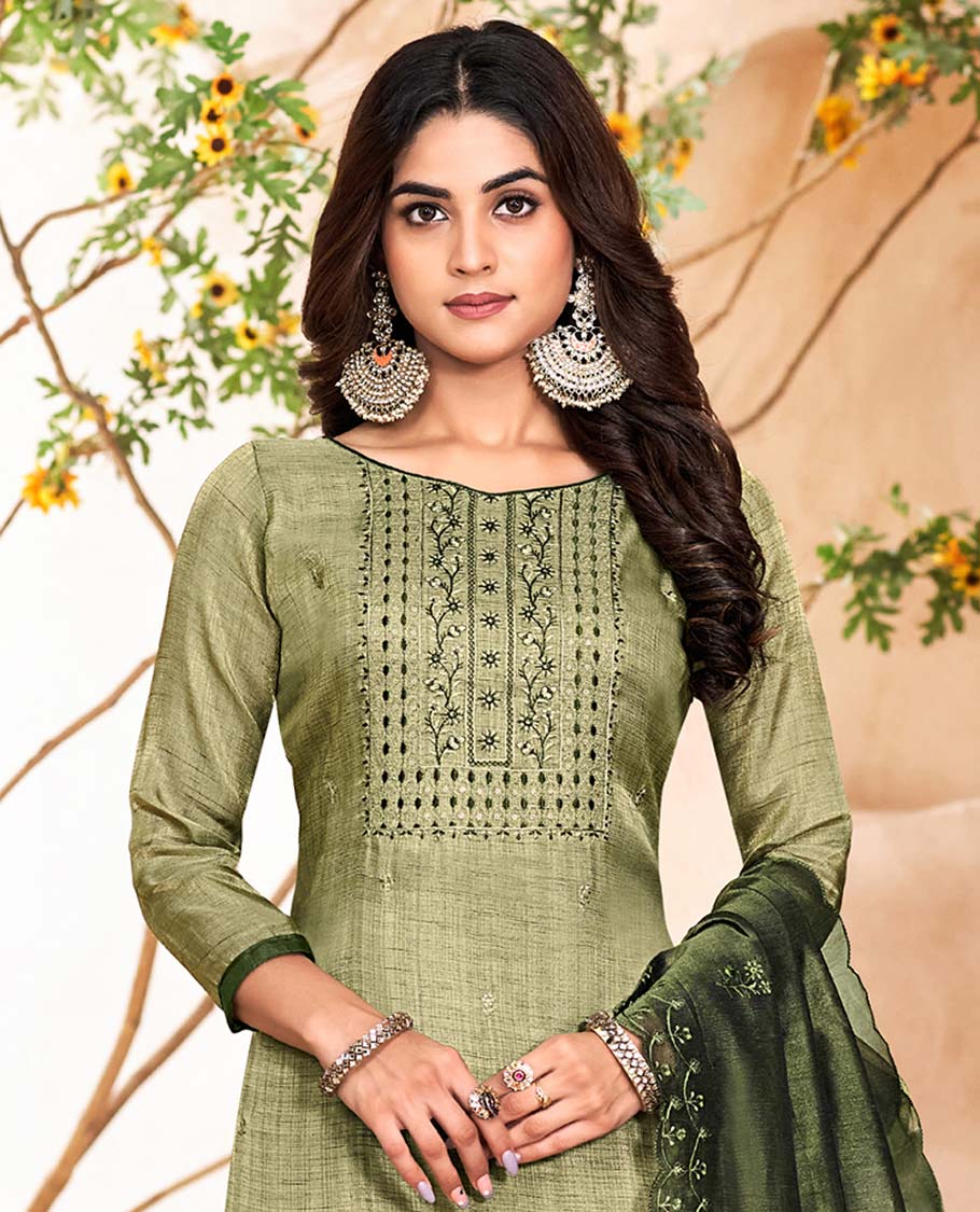 Green material churidar catalog set,embroidered top,contrast pants & scallop embroidered dupatta