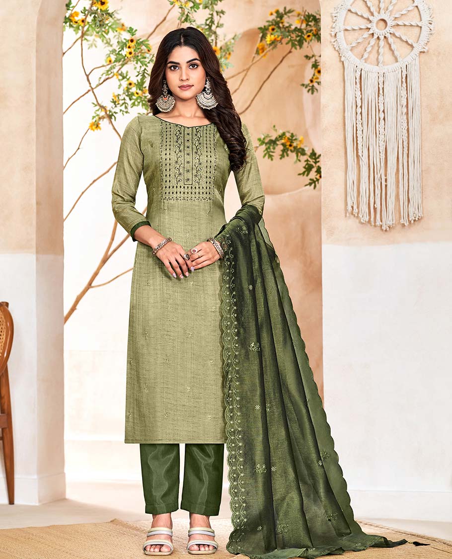 Green material churidar catalog set,embroidered top,contrast pants & scallop embroidered dupatta