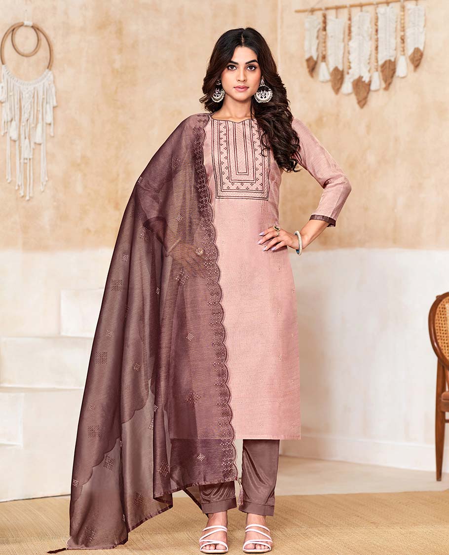 Pink material churidar catalog set,embroidered top,contrast pants & scallop embroidered dupatta
