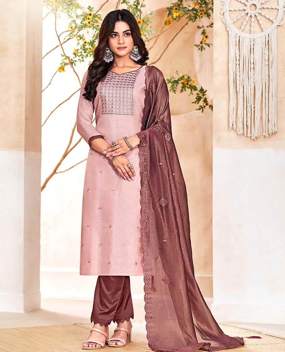 Pink material churidar catalog set,embroidered top,contrast pants & scallop embroidered dupatta