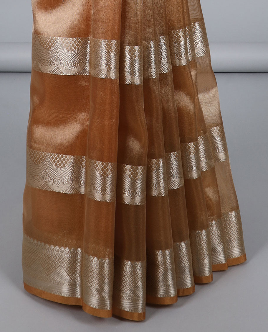 Orange jacquard saree, traditional zari border & colorful floral embroidered pallu