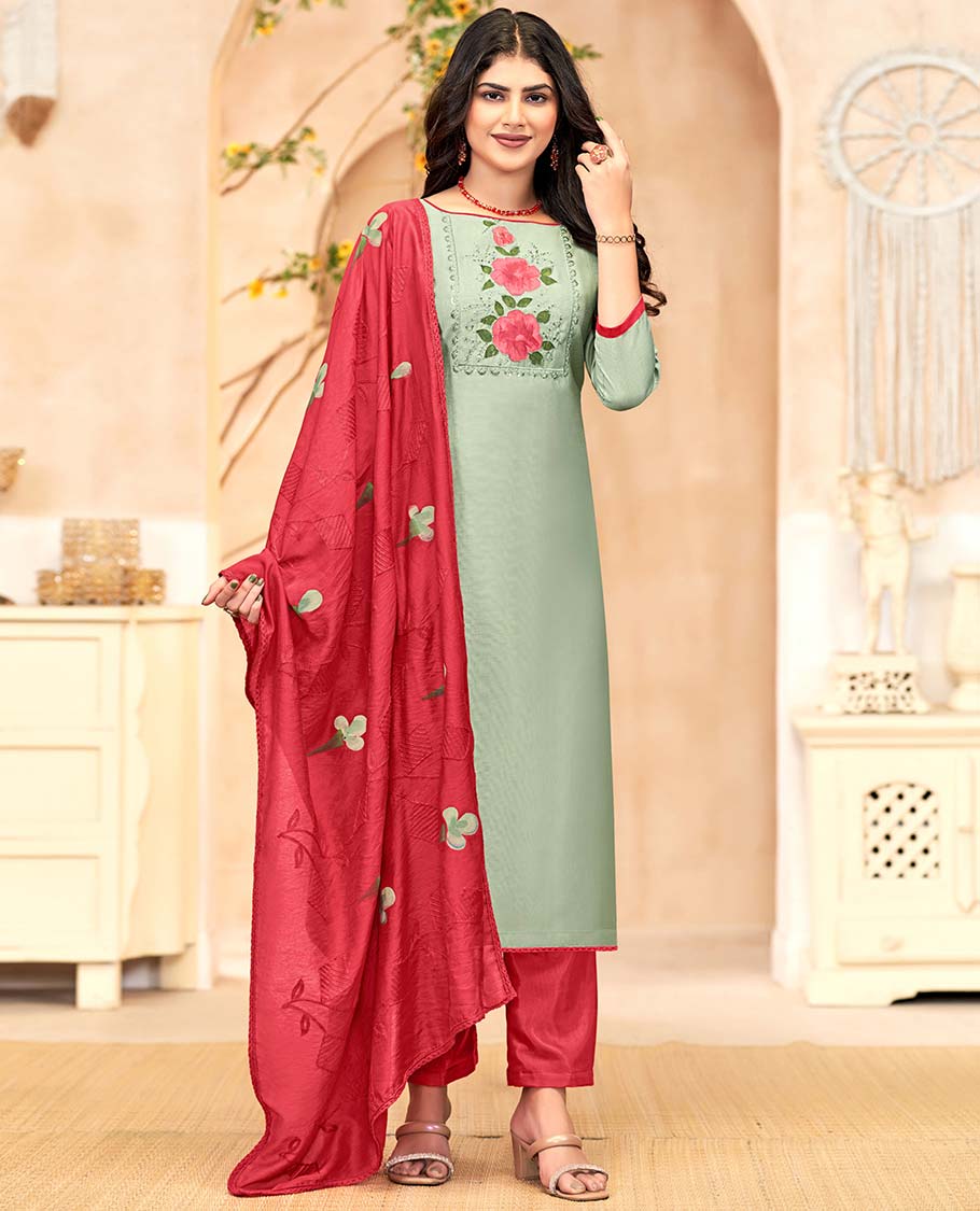 Green material churidar catalog set, floral neck work top, contrast pa