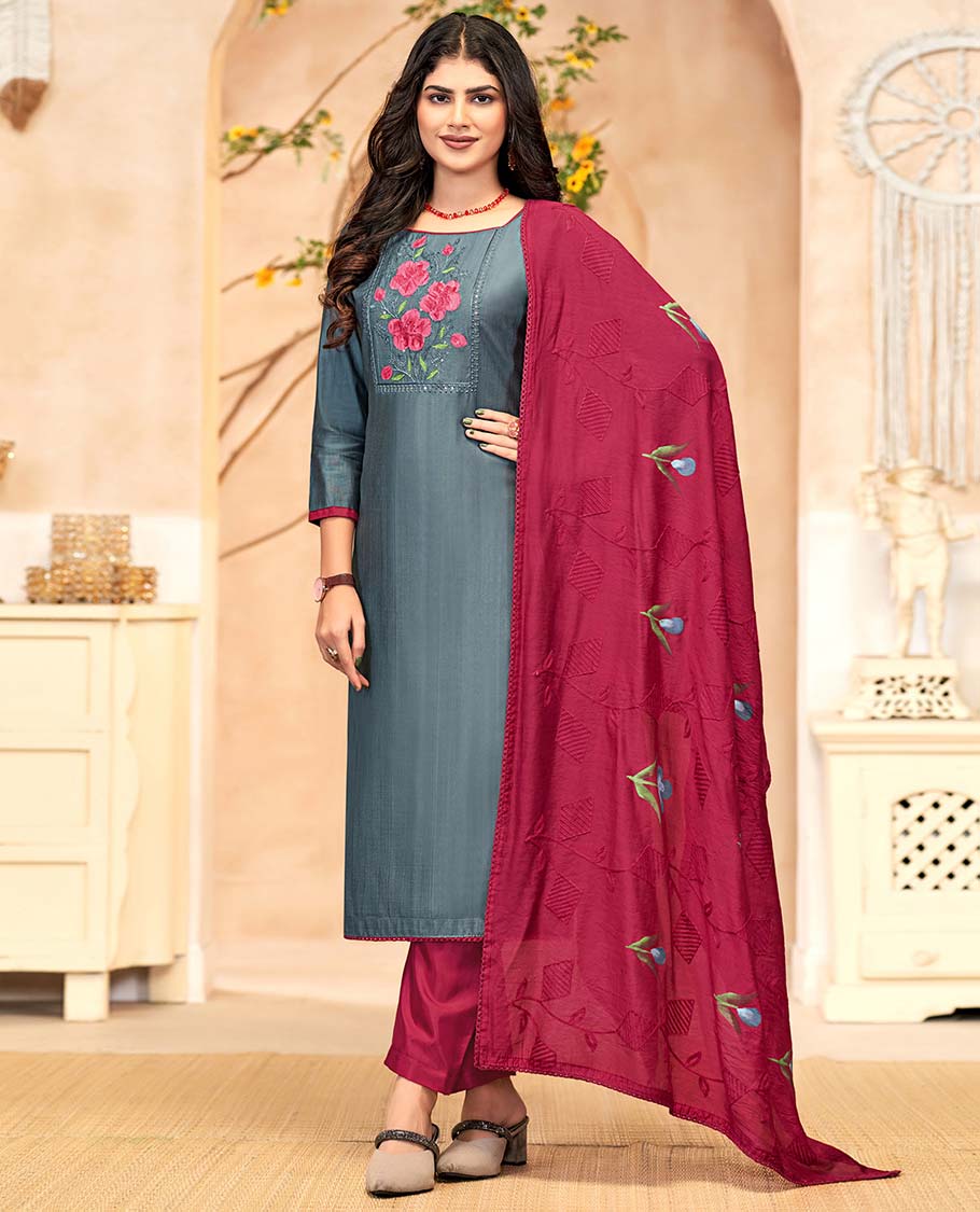 Grey material churidar catalog set, floral neck work top, contrast pan
