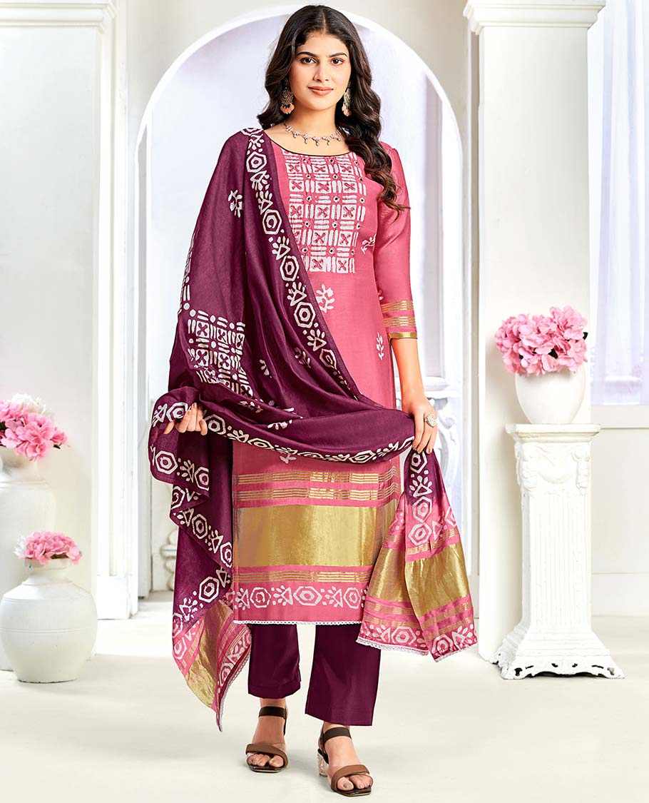 Pink material churidar catalog set,batik printed & embroidered top, co