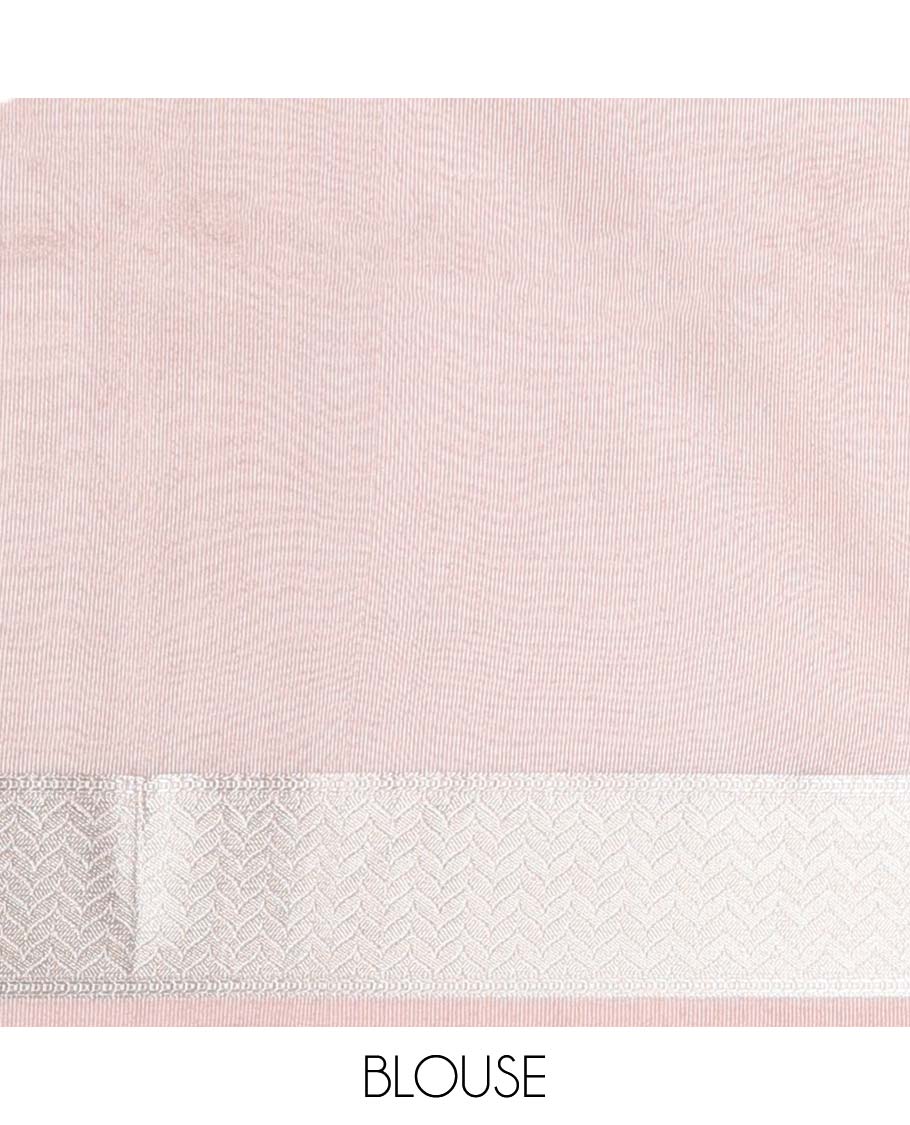Pink jacquard semi-banaras tissue saree, chevron zari design border & pallu of floral & tree designs