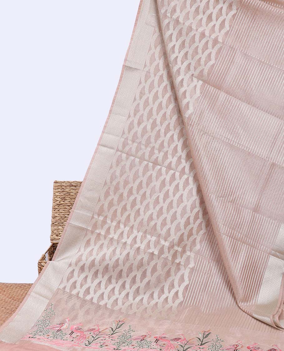 Pink jacquard semi-banaras tissue saree, chevron zari design border & pallu of floral & tree designs