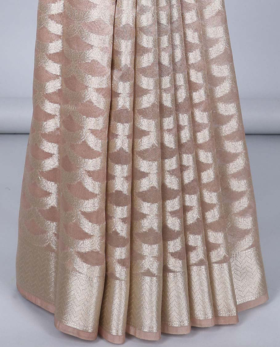 Pink jacquard semi-banaras tissue saree, chevron zari design border & pallu of floral & tree designs