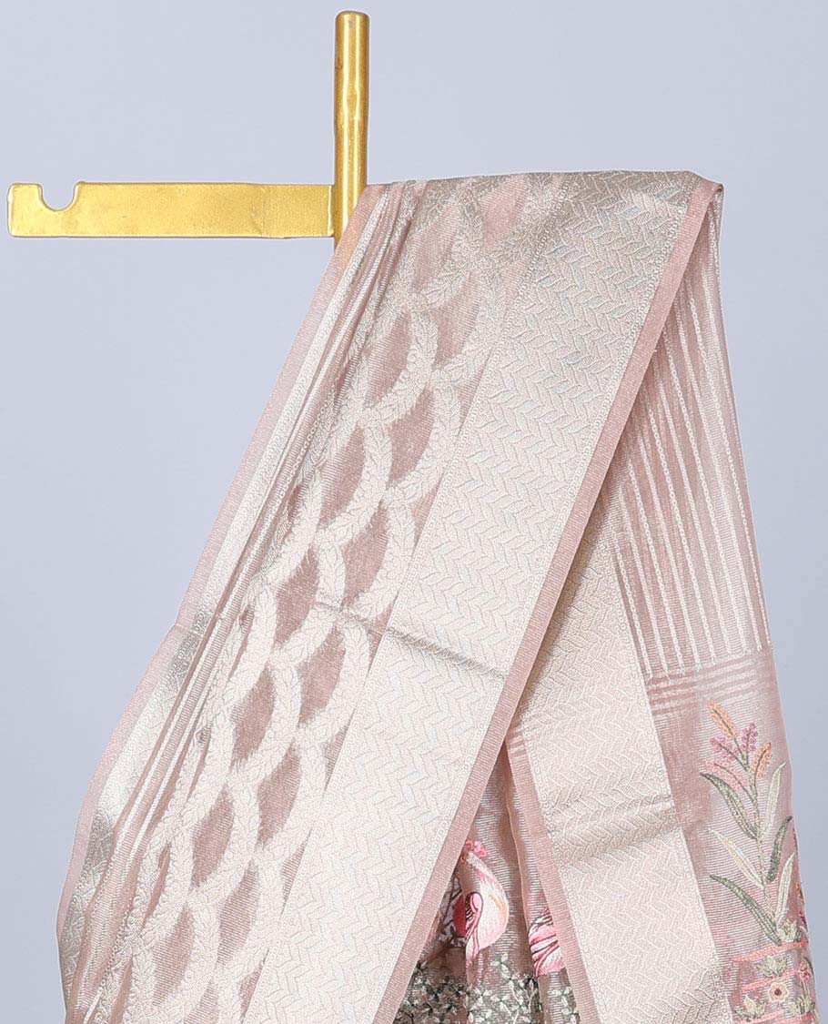 Pink jacquard semi-banaras tissue saree, chevron zari design border & pallu of floral & tree designs