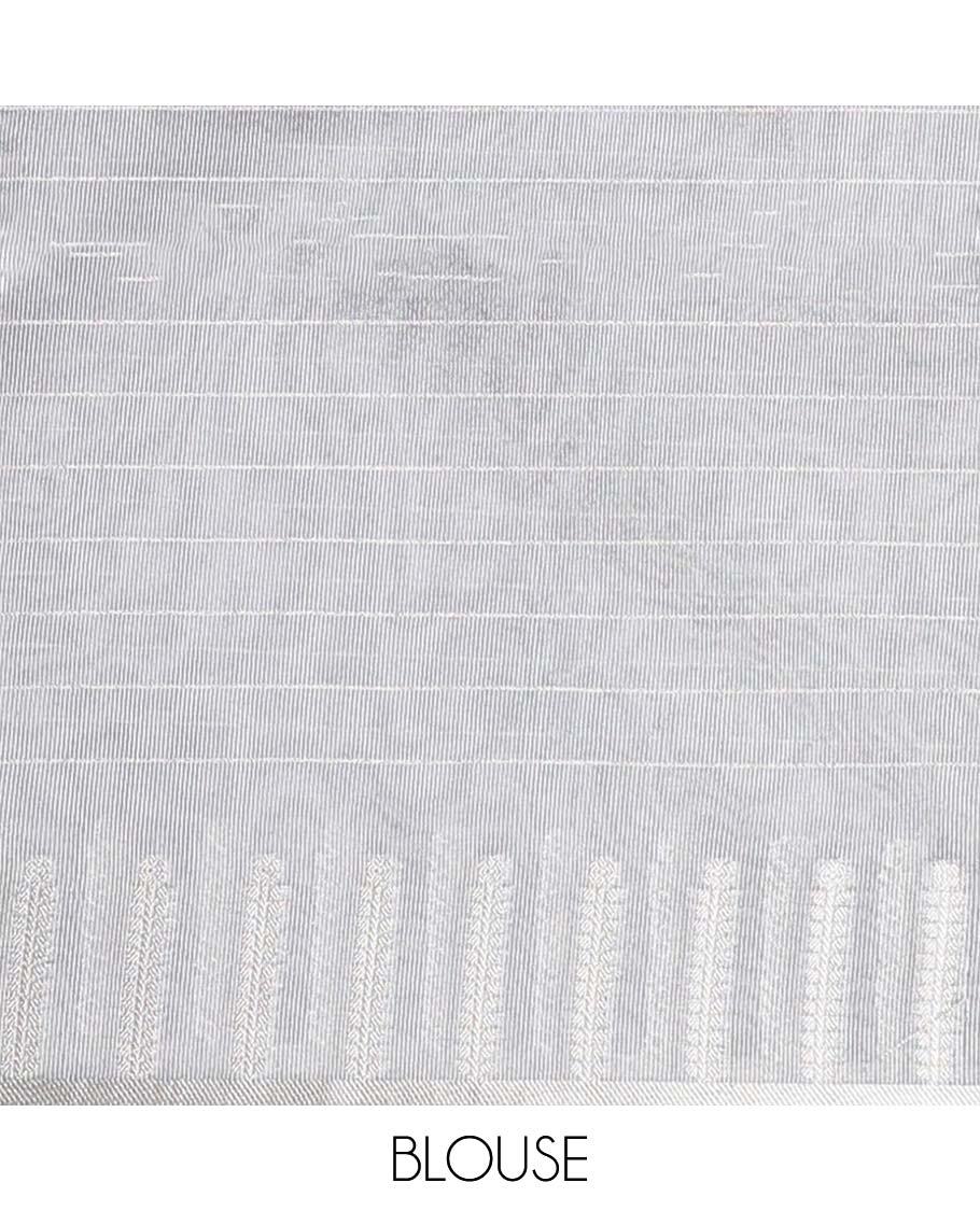 Grey stripes & kamalam semi-banaras tissue saree, zari design border & pallu of floral & pichwai cow embroidery