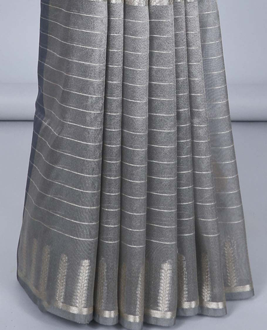 Grey stripes & kamalam semi-banaras tissue saree, zari design border & pallu of floral & pichwai cow embroidery