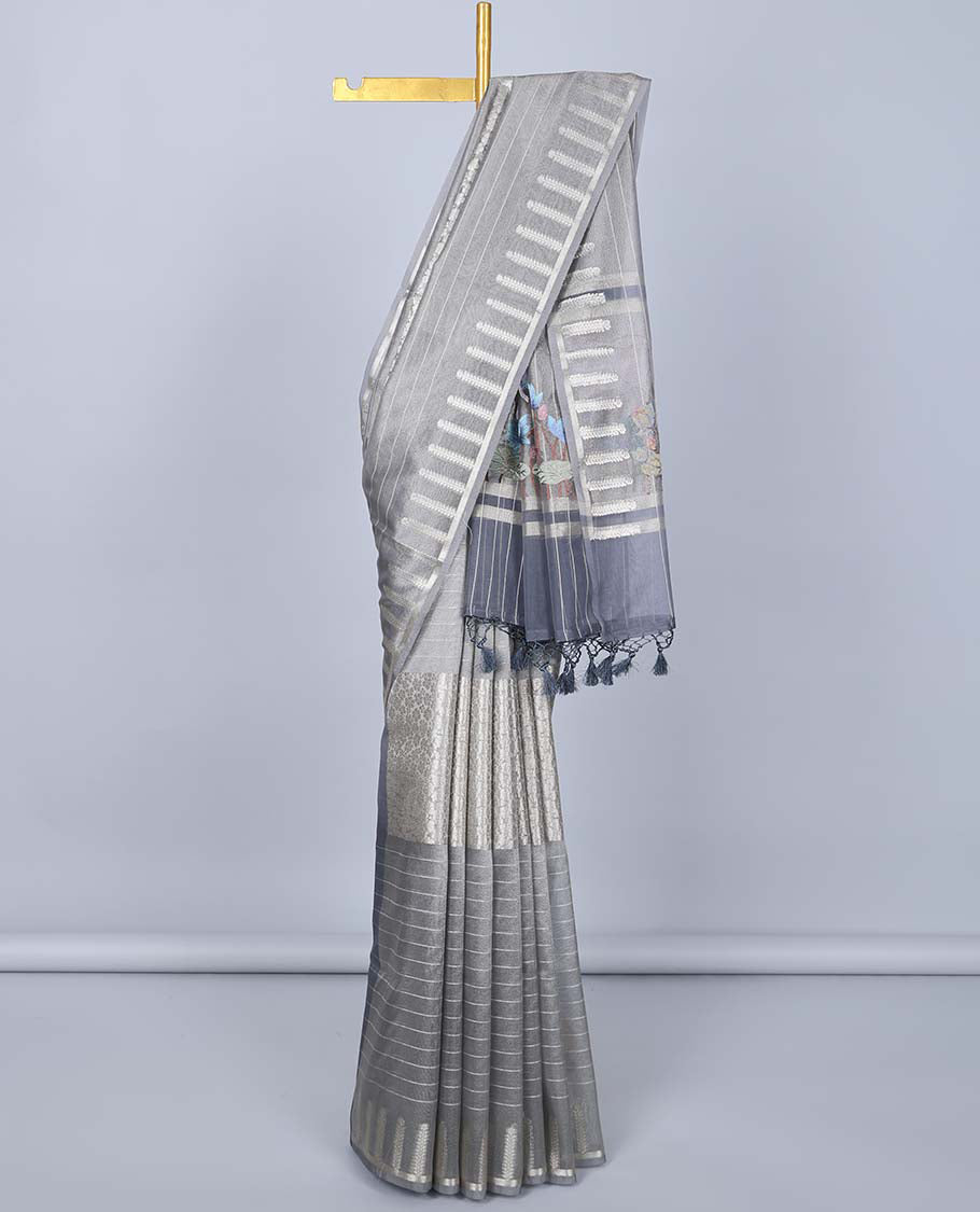 Grey stripes & kamalam semi-banaras tissue saree, zari design border & pallu of floral & pichwai cow embroidery