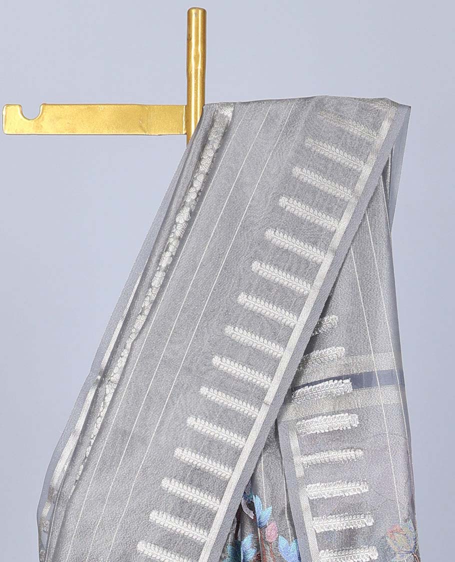 Grey stripes & kamalam semi-banaras tissue saree, zari design border & pallu of floral & pichwai cow embroidery