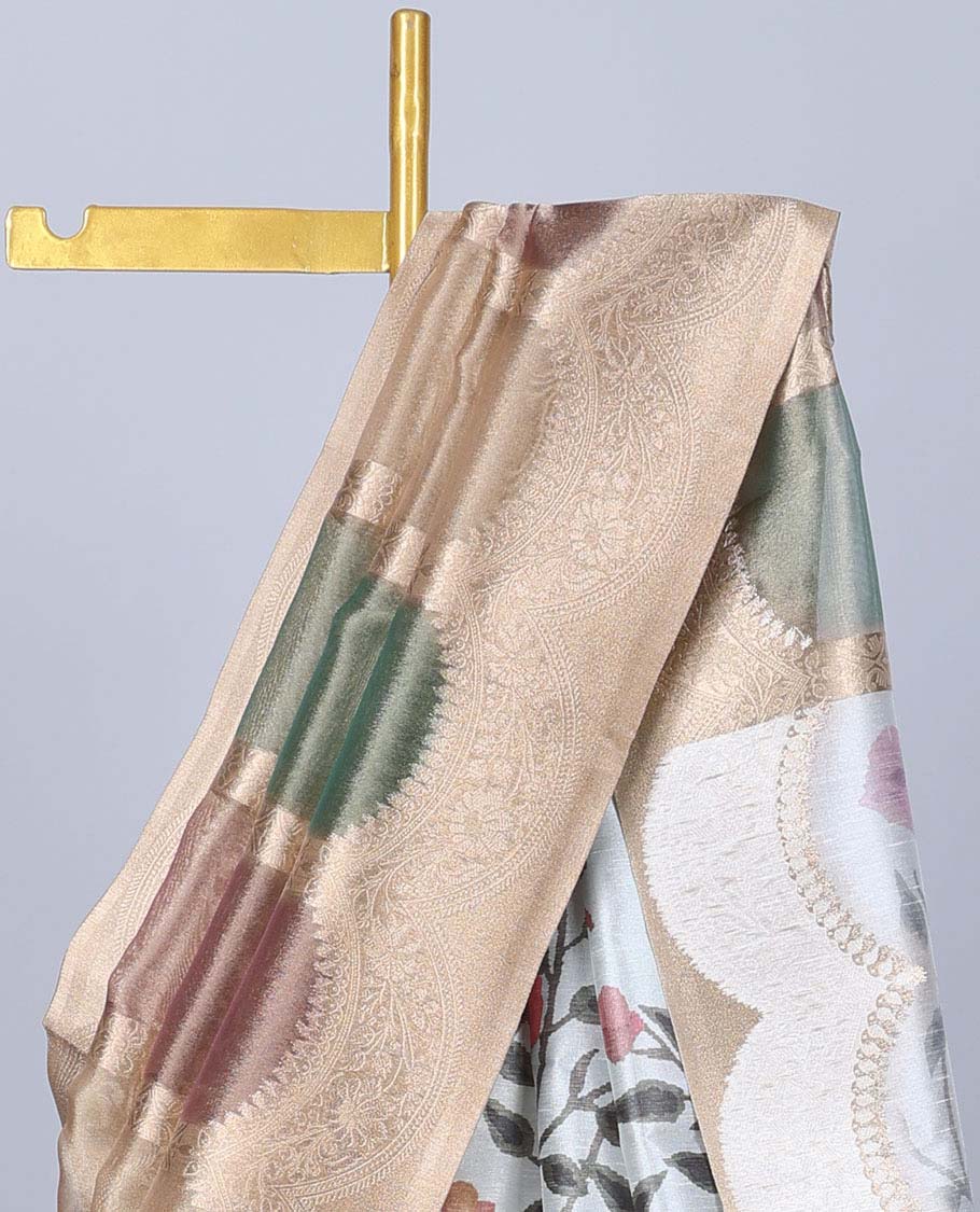 Gold jacquard semi-banaras tissue saree, floral design border & pallu of floral design