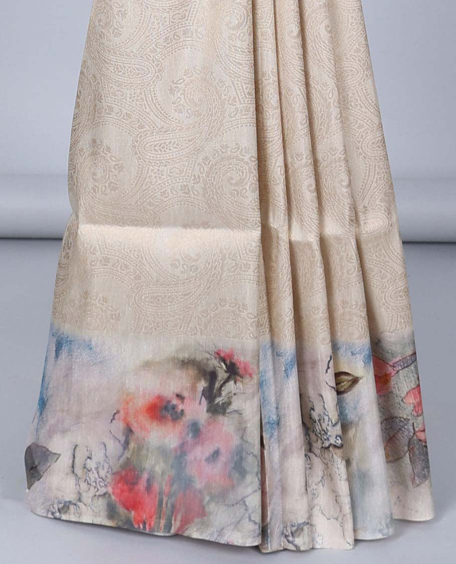 Beige paisley design semi banaras tissue saree, self-border & pallu of floral print