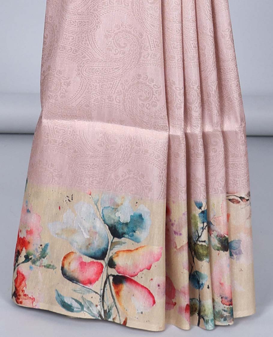 Pink paisley design semi banaras tissue saree, self-border & pallu of floral print