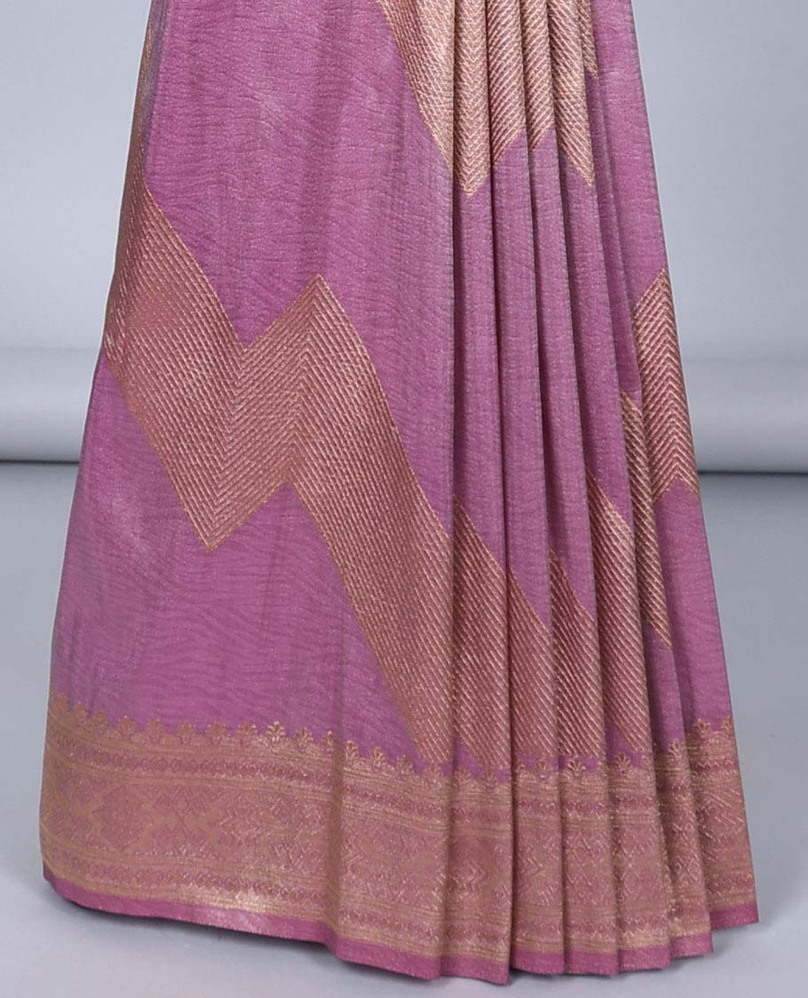 Pink geometric patterned semi-banaras tissue saree, traditional design border & pallu of intricate designs