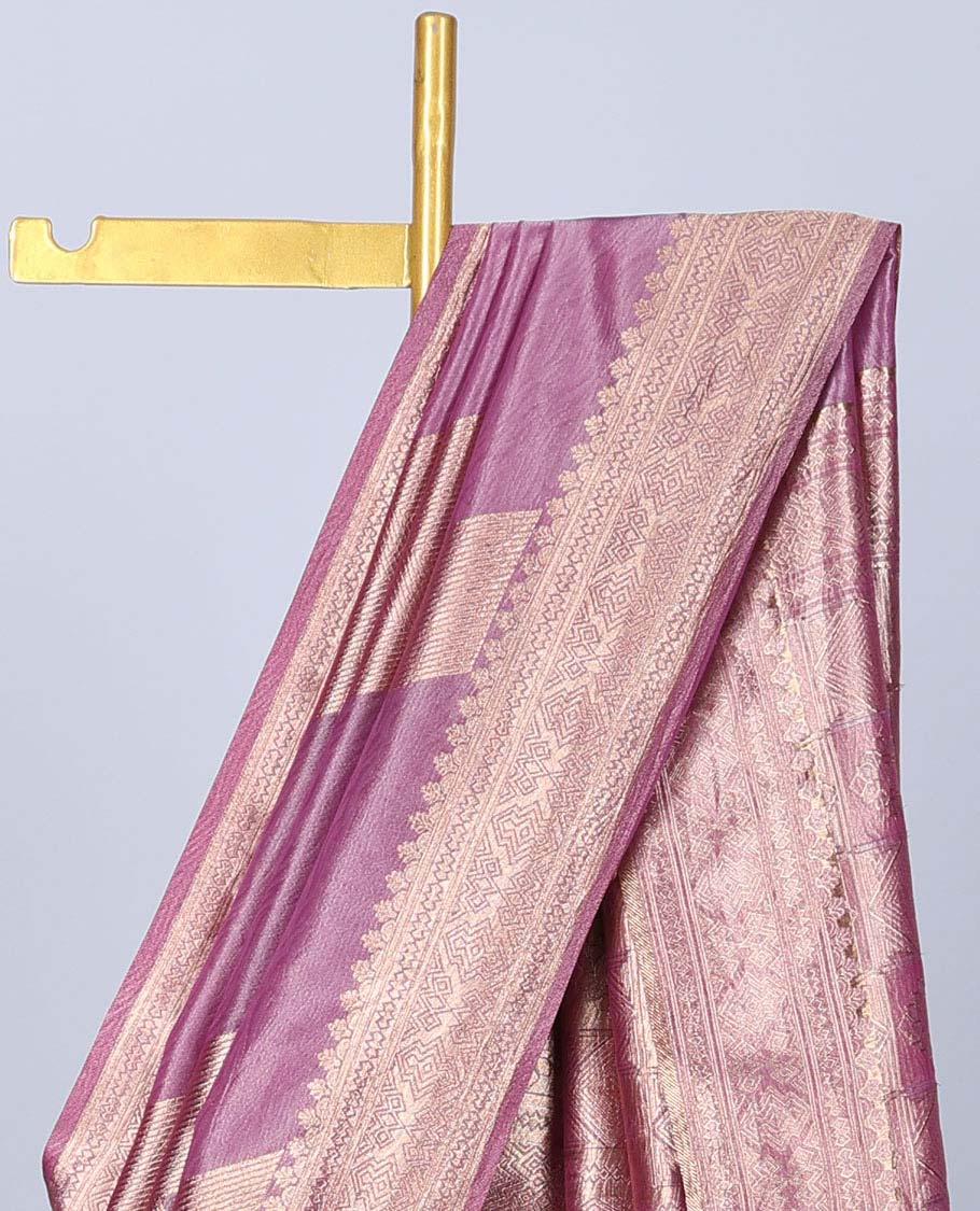 Pink geometric patterned semi-banaras tissue saree, traditional design border & pallu of intricate designs