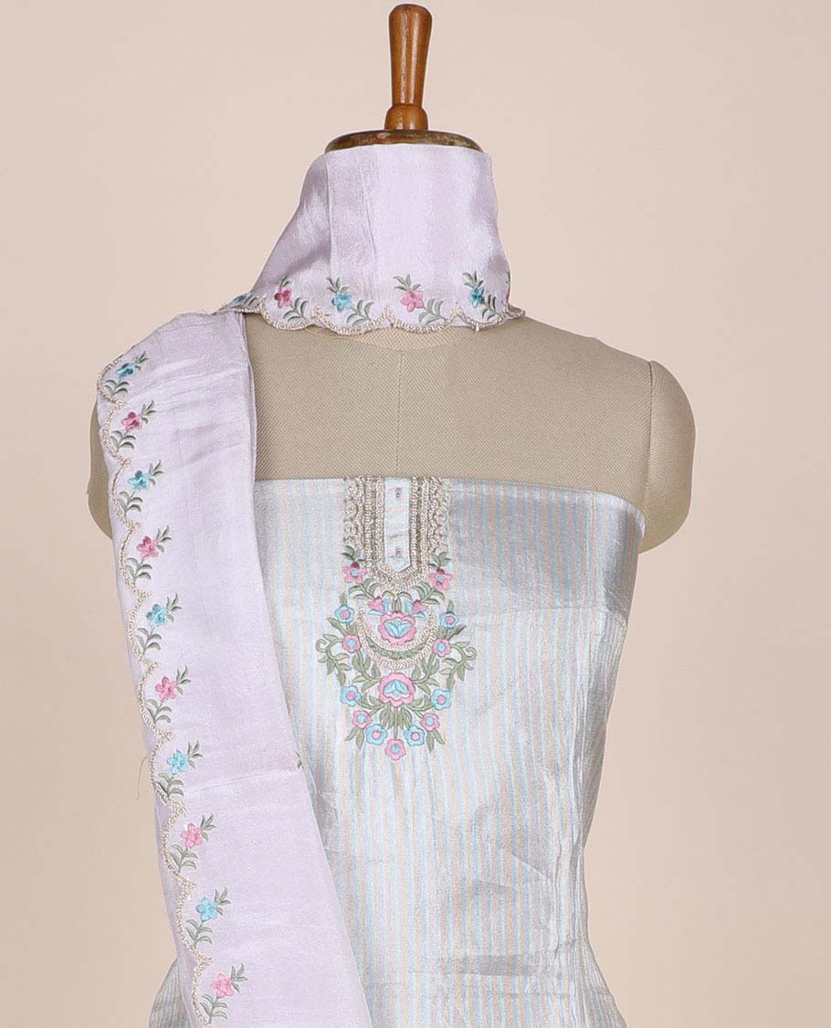 Silver chudidhar material set, neck embroidered top, contrast solid bottom & scallop embroidered dupatta