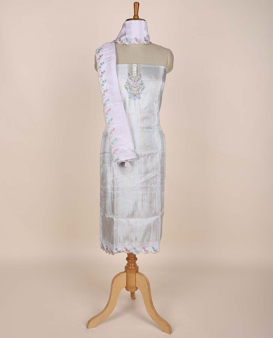Silver chudidhar material set, neck embroidered top, contrast solid bottom & scallop embroidered dupatta