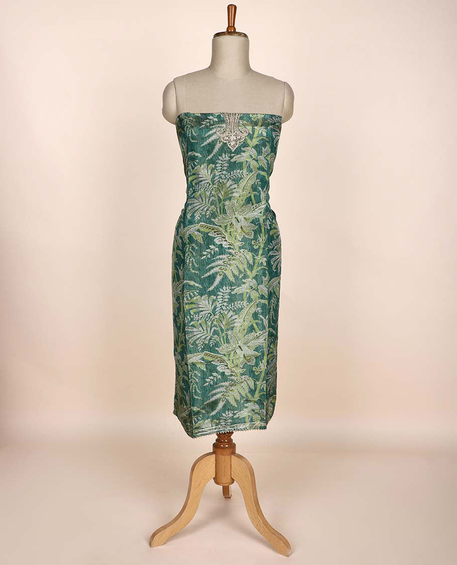 Green chudidhar material set, floral printed & embroidered top, solid bottom & scallop embroidered dupatta