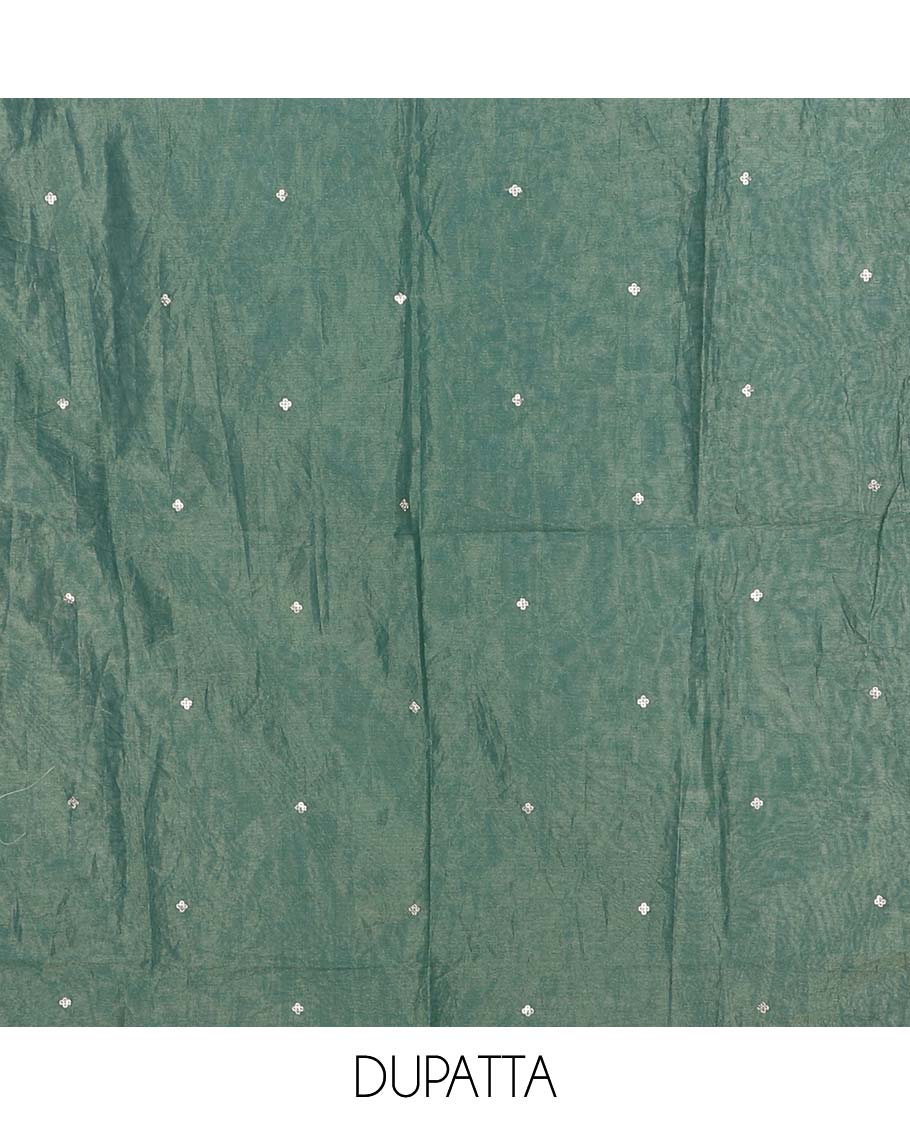Green chudidhar material set, floral printed & embroidered top, solid bottom & scallop embroidered dupatta