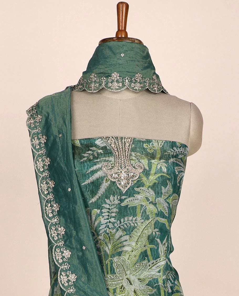 Green chudidhar material set, floral printed & embroidered top, solid bottom & scallop embroidered dupatta