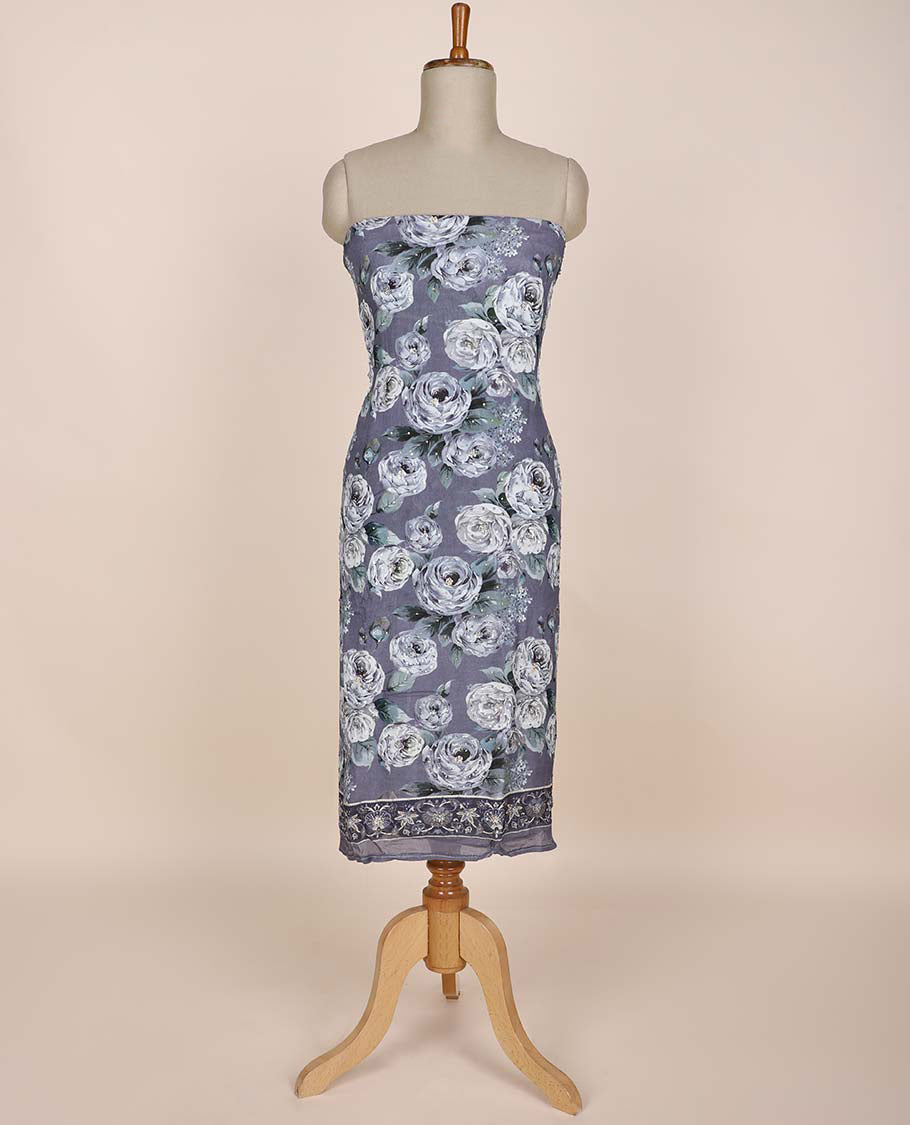 Grey chudidhar material set, floral printed & embroidered top, leaf printed bottom & floral printed dupatta