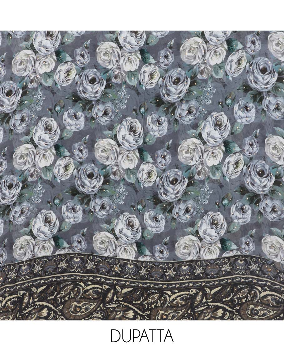 Grey chudidhar material set, floral printed & embroidered top, leaf printed bottom & floral printed dupatta