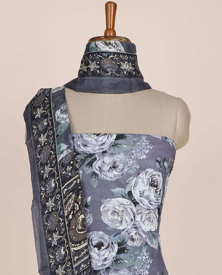 Grey chudidhar material set, floral printed & embroidered top, leaf printed bottom & floral printed dupatta