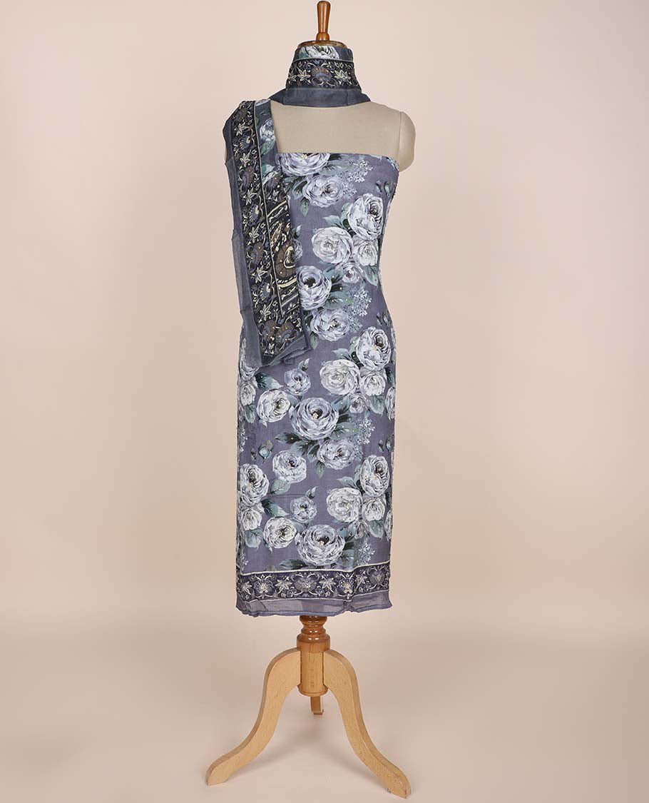 Grey chudidhar material set, floral printed & embroidered top, leaf printed bottom & floral printed dupatta