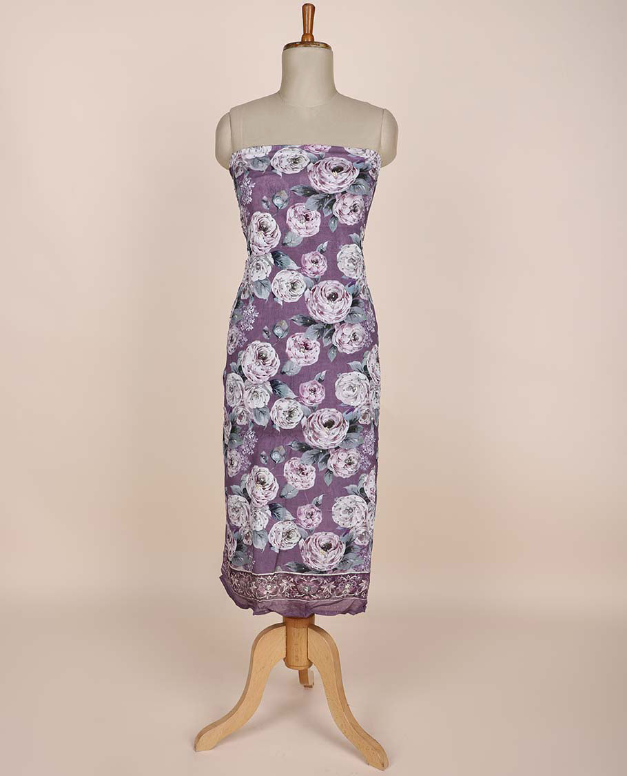 Mauve purple chudidhar material set, floral printed & embroidered top, leaf printed bottom & floral printed dupatta
