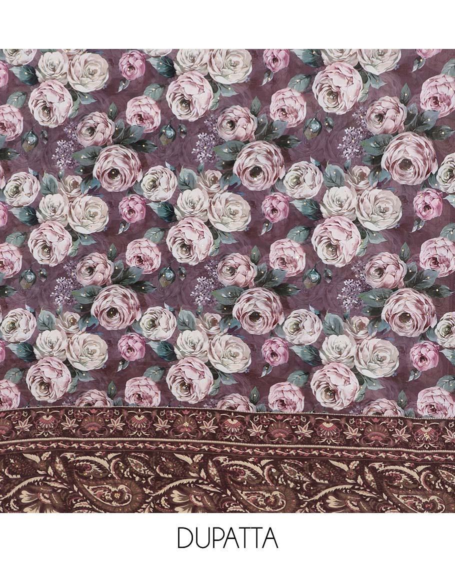 Mauve purple chudidhar material set, floral printed & embroidered top, leaf printed bottom & floral printed dupatta