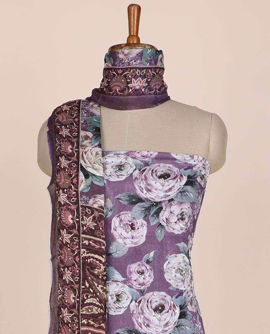 Mauve purple chudidhar material set, floral printed & embroidered top, leaf printed bottom & floral printed dupatta