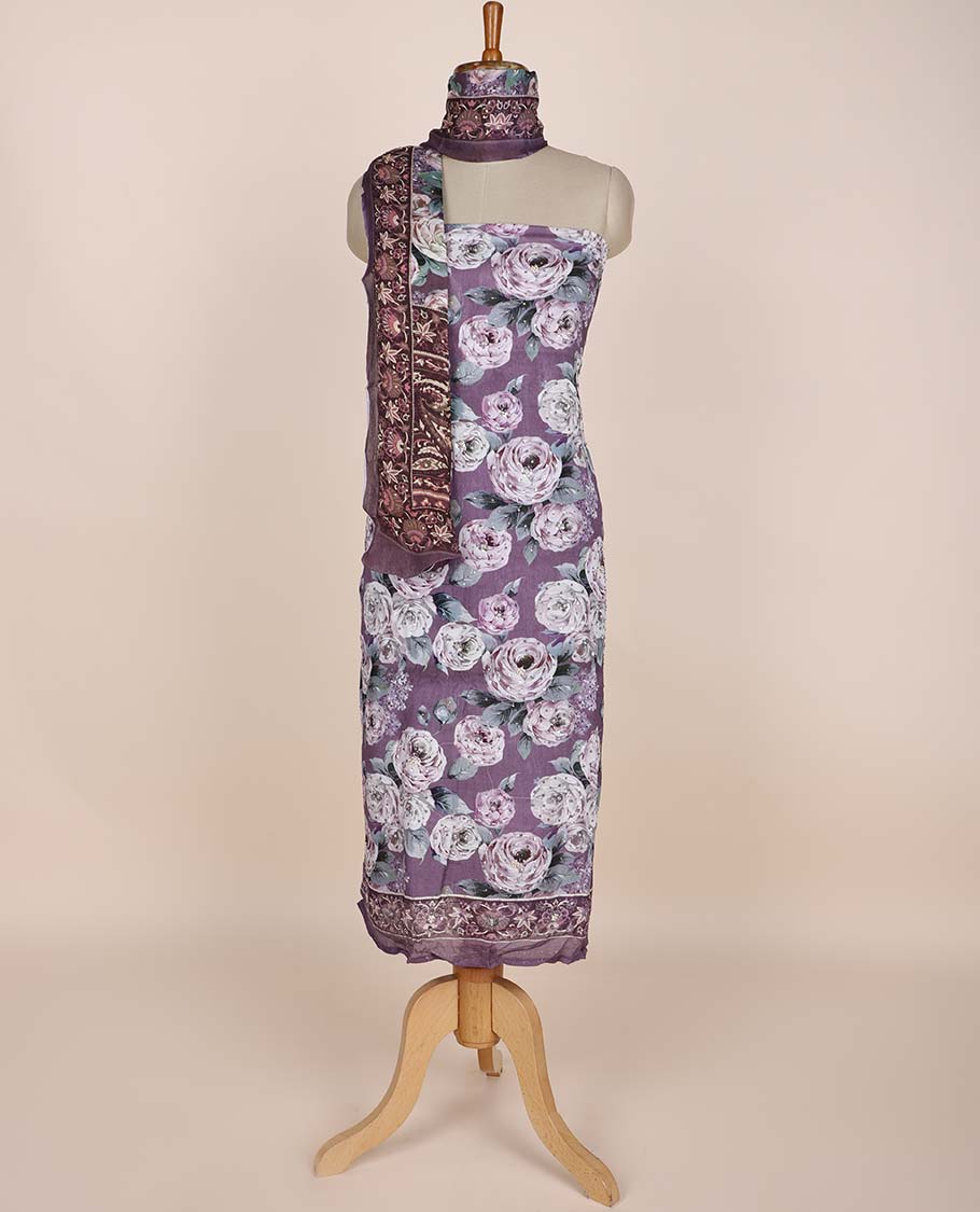Mauve purple chudidhar material set, floral printed & embroidered top, leaf printed bottom & floral printed dupatta