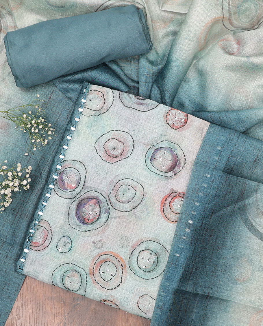 Blue chudidhar material set, uniquely printed & embroidered top, plain bottom & geometric printed dupatta