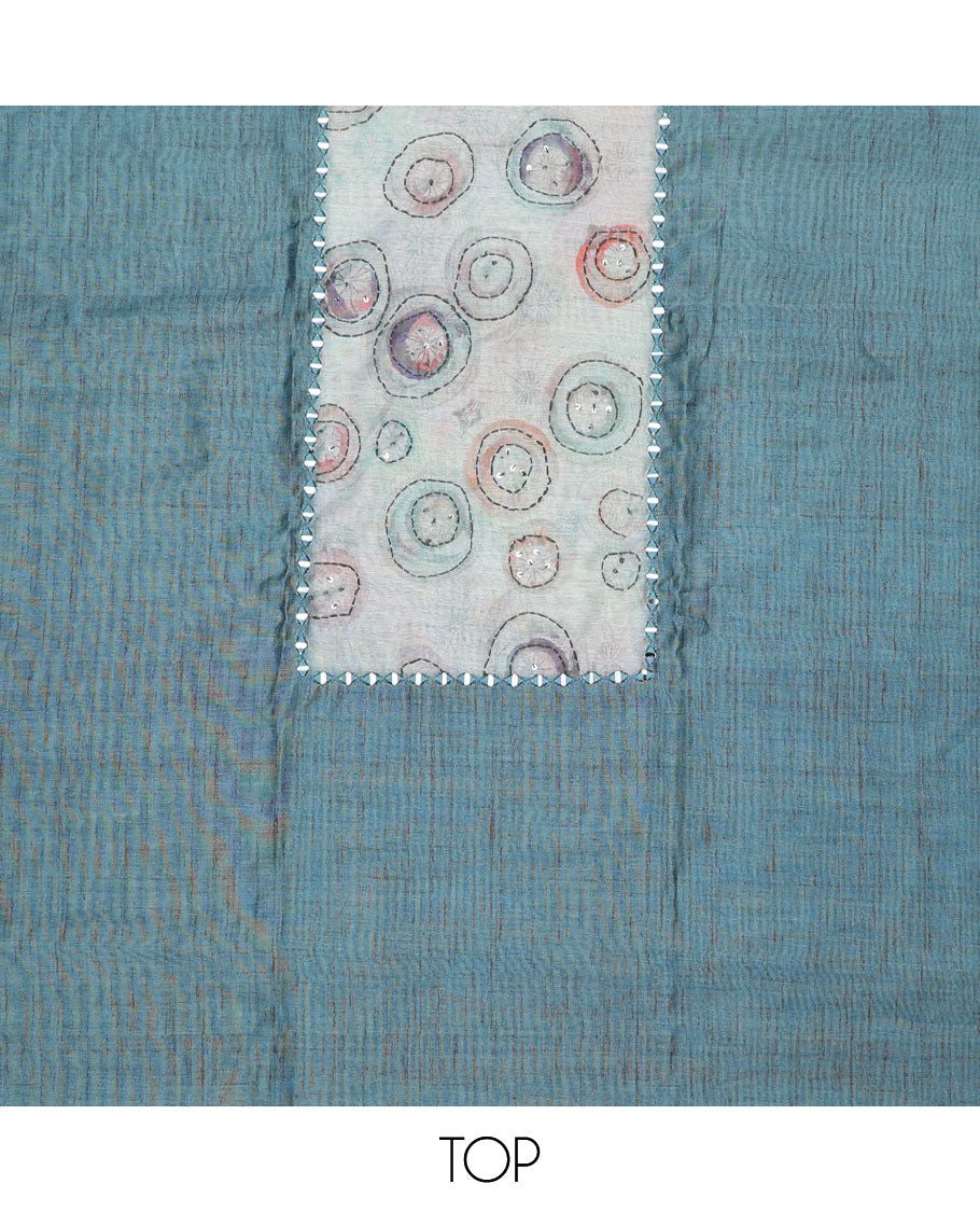 Blue chudidhar material set, uniquely printed & embroidered top, plain bottom & geometric printed dupatta