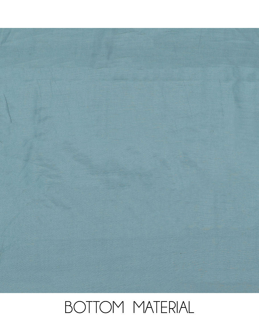 Blue chudidhar material set, uniquely printed & embroidered top, plain bottom & geometric printed dupatta