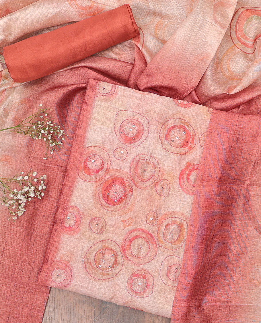 Pink chudidhar material set, uniquely printed & embroidered top, plain bottom & geometric printed dupatta