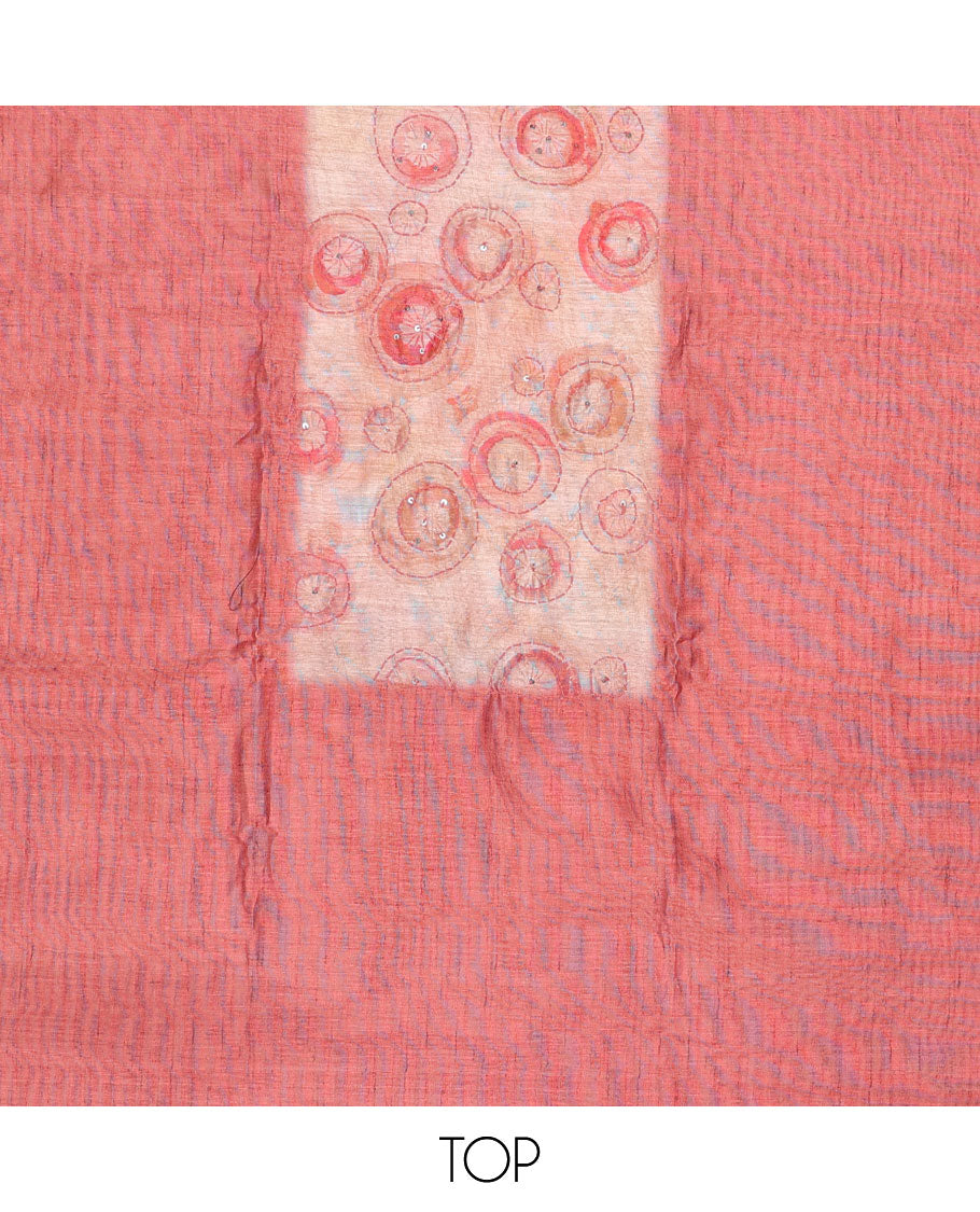 Pink chudidhar material set, uniquely printed & embroidered top, plain bottom & geometric printed dupatta